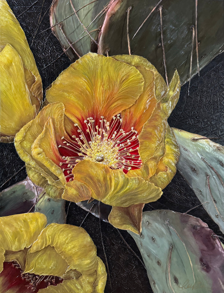 Yellow-Red Cactus Blooms Original Painting